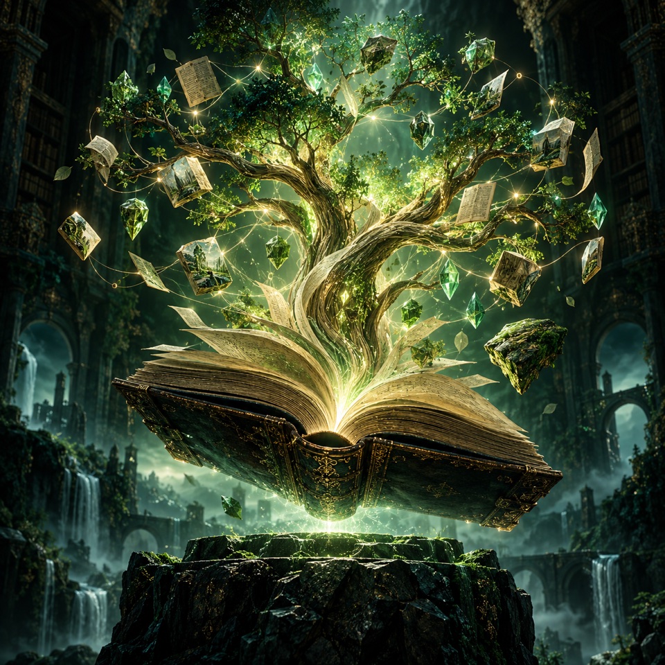 Livro imaginário de cujas páginas cresce uma árvore luminosa de conhecimentos